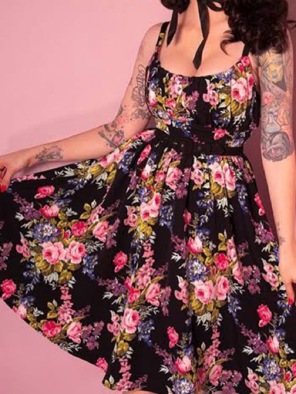 Vixen by Micheline Pitt Black with floral print Swing Dress. Medium